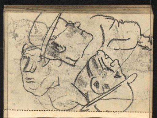 Cast of the drawing on page 20 verso, male heads with hat and seated figure seen from behind
