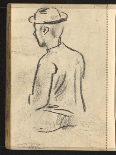 Seated man with hat seen from behind
