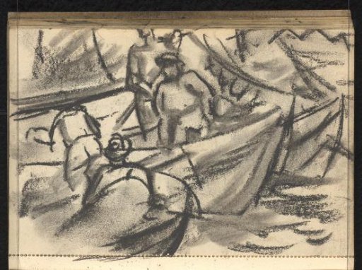 Four figures on board boats in the harbor of Spakenburg