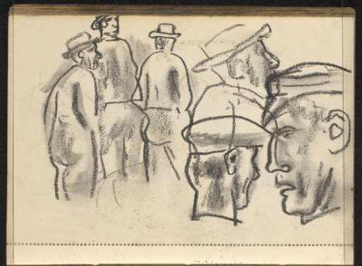 Three standing men with hats and three male heads with hats