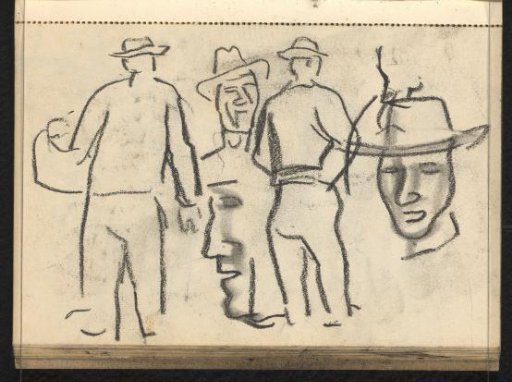 Two standing figures with hats, two male heads with hats and a face in profile