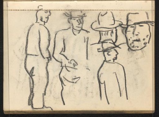 Three standing men with and without hats and two male heads with hats