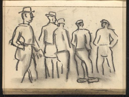 Five standing men with headgear