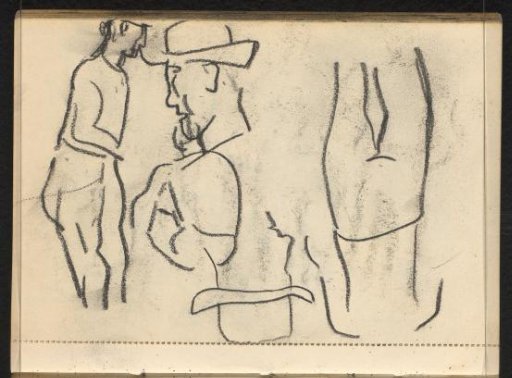 Standing figure in profile to the right, standing figure seen from behind and two male heads with hats in profile to the left