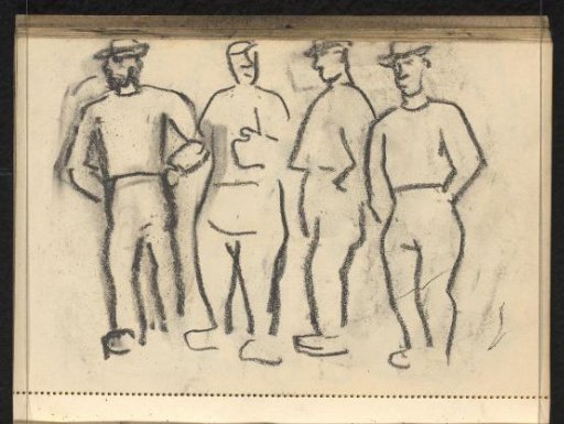 Four standing men with headgear