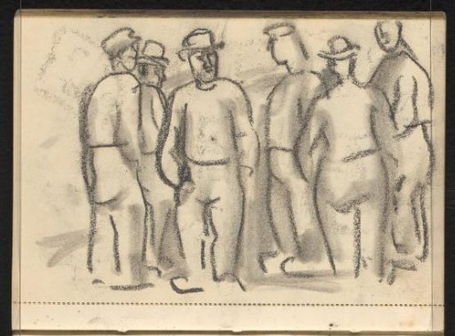 Six standing men with headgear