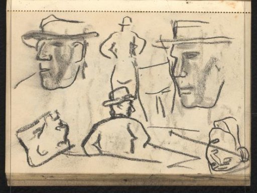 Two men with hats seen from behind, a rear view and four male heads with hats
