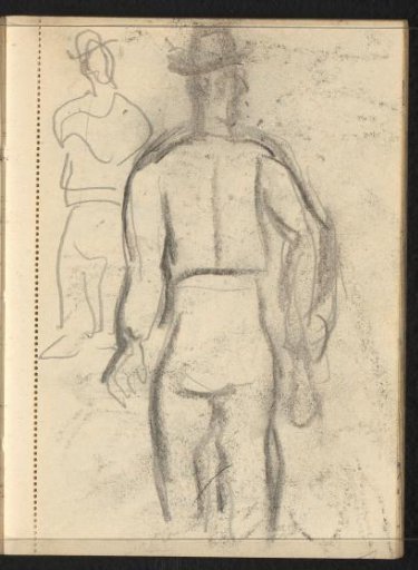 Two standing figures with hats seen from behind