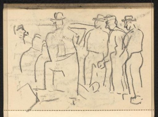 Abklatsch of the drawing on page 34 verso and four standing figures with headgear