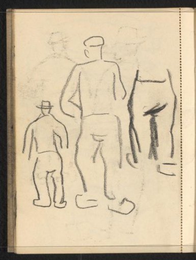Abklatsch of the drawing on page 35 verso, legs and two standing figures with headgear and clogs seen from behind