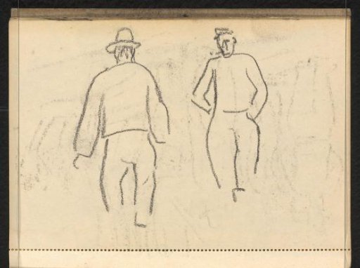 Abklatsch of the drawing on page 37 recto and two standing figures with headgear, seen from the front and from behind