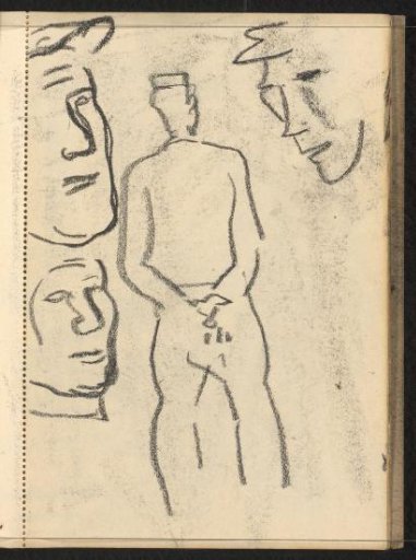 Three heads and a standing figure with arms behind the back seen from behind