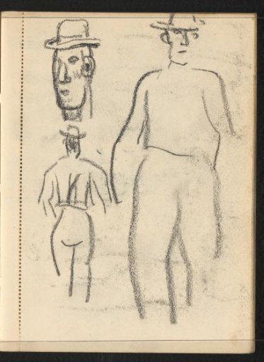 Abklatsch of the drawing on page 40 recto, male head with a hat and two standing figures with hats, seen from the front and from behind