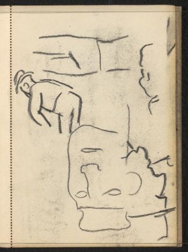 Abklatsch of the drawing on page 39 verso, a figure with a hat bent forward, legs and three faces