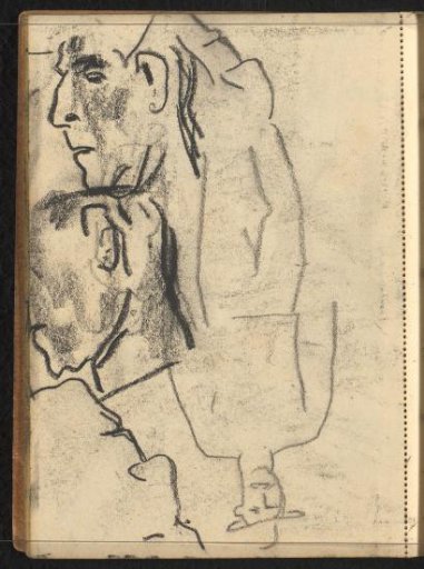 Standing figure and three heads in profile