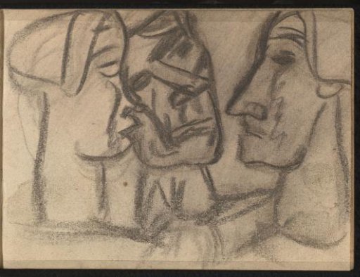 Three heads of figures, two seen from the side