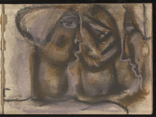 Three heads of figures, two seen from the side