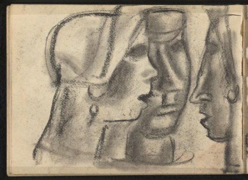 Three heads of figures, two seen from the side
