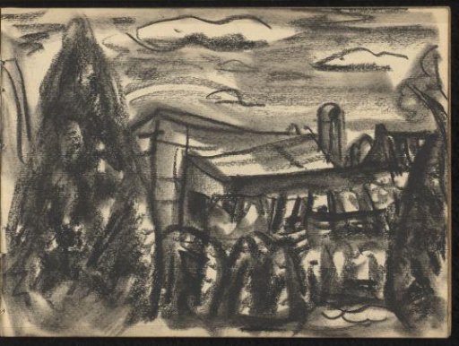 Landscape with trees and buildings
