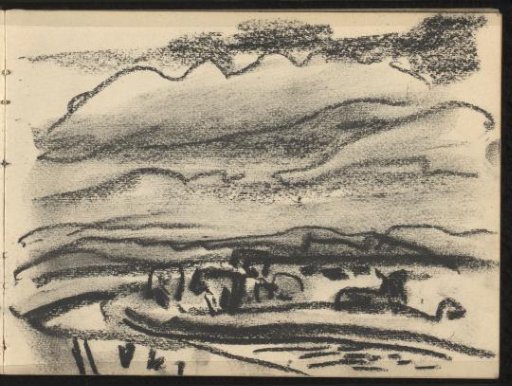 Landscape with a meandering river and hills in the distance