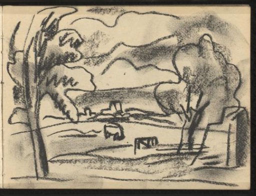 Landscape with two trees near a grazing animal and a village in the distance