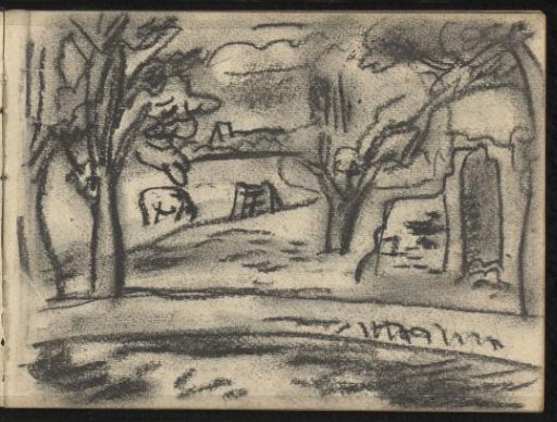 Landscape with trees beside a road and a grazing animal in the meadow