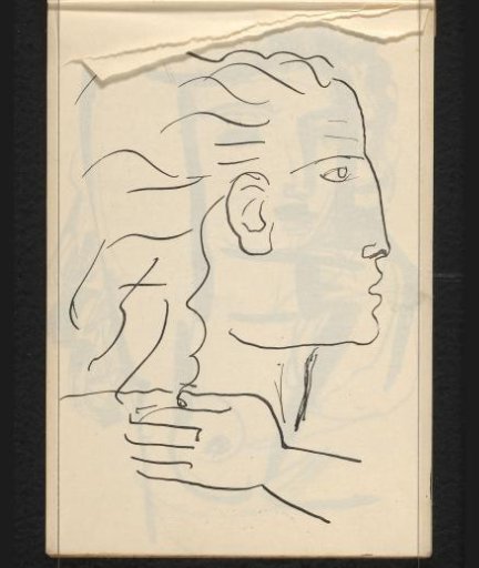 Female head in profile with left hand before the chest