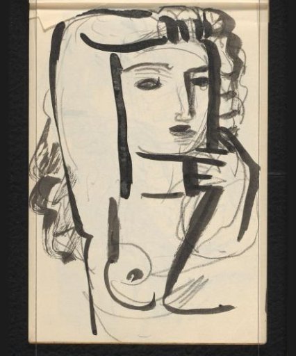 Nude woman with right arm on head and left arm before the chest