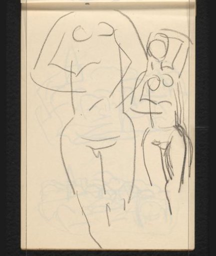 Two naked women with arms before body and on head