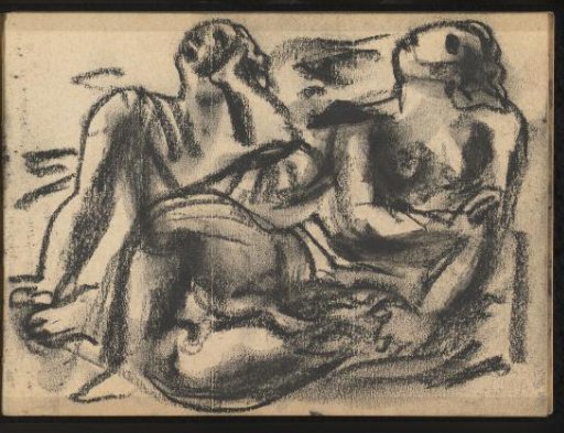 Two seated figures looking up