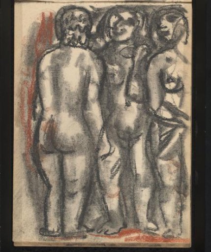 Three standing naked figures against a dark background
