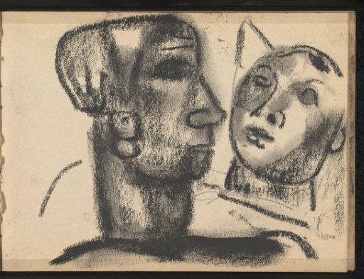 Two figures with caps, one seen from the side