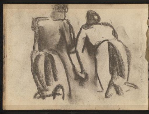 Two figures in dresses seen from behind