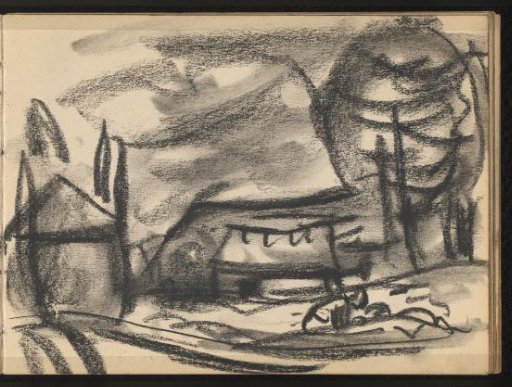 Landscape with two houses and a figure kneeling