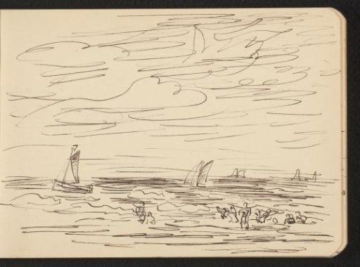 Beach with Figures and Five Sailing Boats at Sea