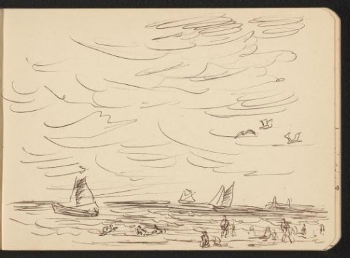 Beach with Figures and Five Sailing Boats at Sea Under Three Birds