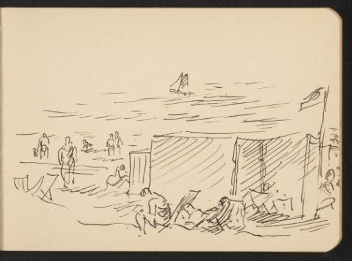 Beach with Seated Figures and a Sailing Boat at Sea