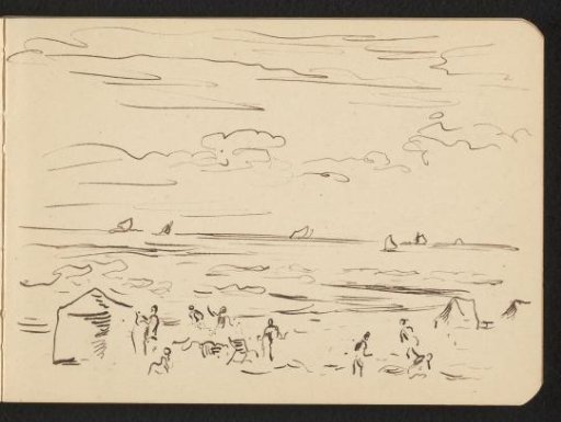 Beach with tents and figures by a sea with sailing boats and two birds