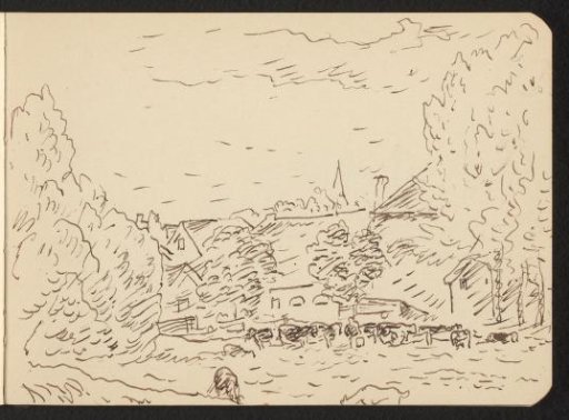 Meadow with farmer and animals next to a village