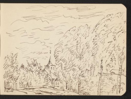 Landscape with a country road along a row of trees and a church tower