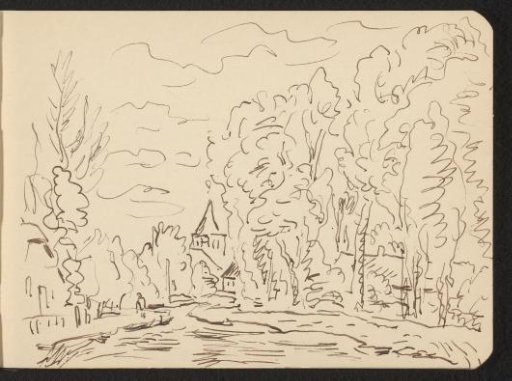 Landscape with a country road along a row of trees and a church tower