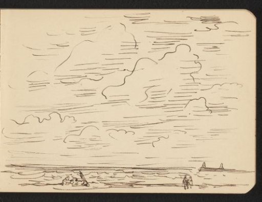 Beach with two groups of figures and sailing boats in the background