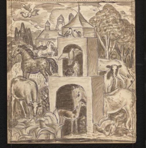 Fantastical landscape with horses, cattle, and birds