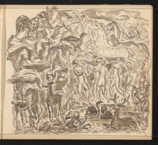 Fantastical landscape with four nude women in a circle, a horse, deer, and birds