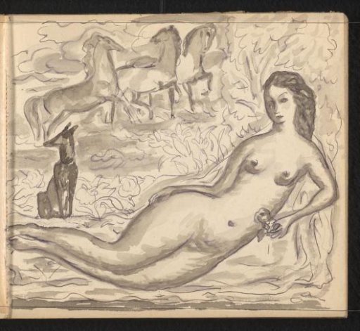 Reclining nude woman in a fantastical landscape with three horses and a dog