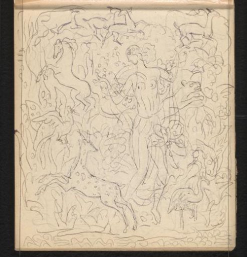Woman in a transparent garment surrounded by animals
