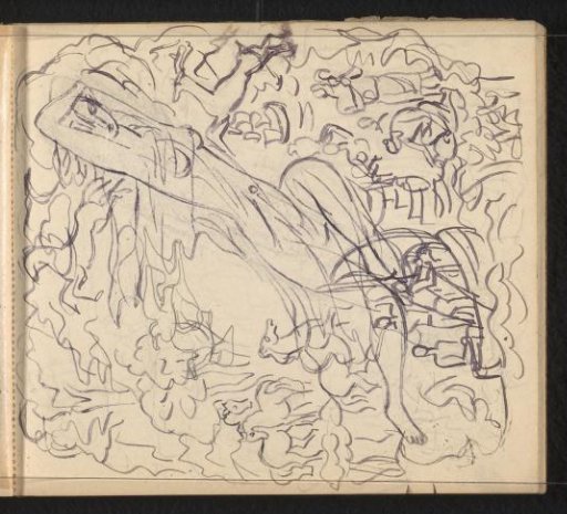 Reclining woman in a transparent garment surrounded by figures in a sailboat, figures with jugs, horses, and a deer