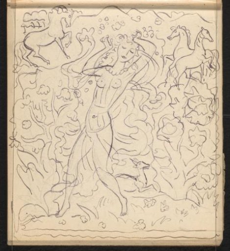Woman in a transparent garment surrounded by three horses and a deer