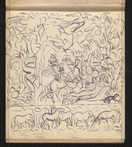 Reclining nude woman, rider, figures with shields, and horses in a fantastical landscape