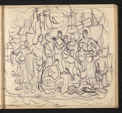 Figures with attributes in various poses before sailing ships
